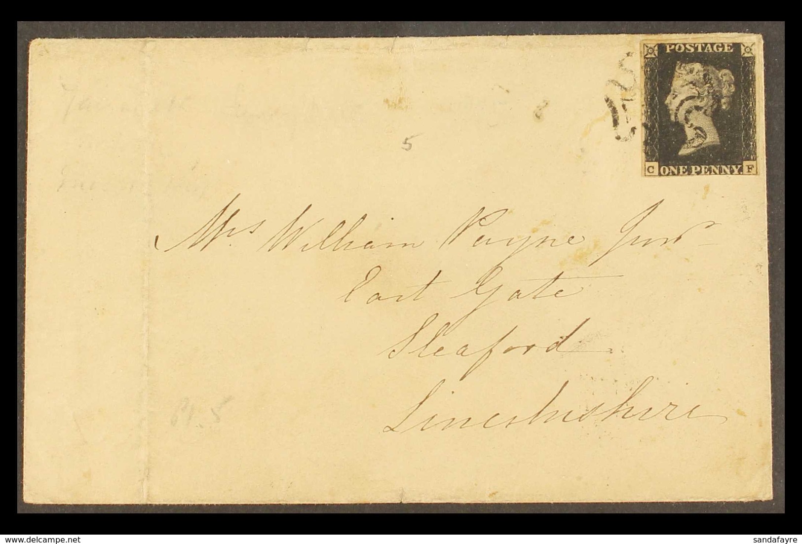 1841 (21 Mar) Env From Yarmouth To Sleaford, Lincs Bearing 1d Intense Black 'CF' Plate 5 (SG 1) With Good Margins Just T - Zonder Classificatie