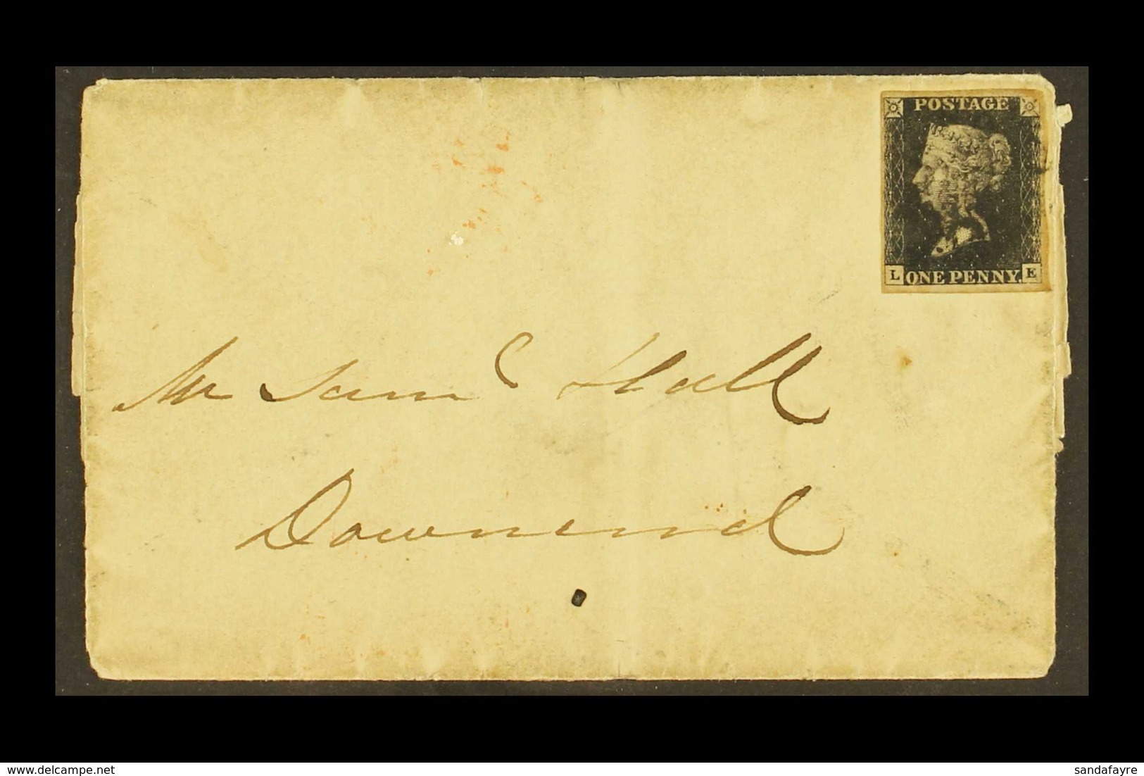 1841 PART COVER . (19th May) Part Cover Bearing 1d Black, plate 9, Check Letters "L - E", (SG 2), Four Margins, Tied By  - Non Classés