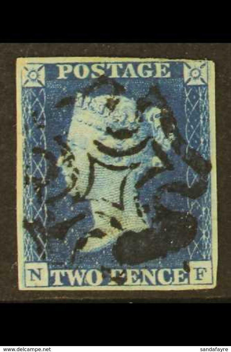 1840 2d Blue 'NF' Plate 1, SG 5, Used With Nice Black Maltese Cross Cancel, Four Margins (very Close At Top Right), Minu - Sonstige & Ohne Zuordnung