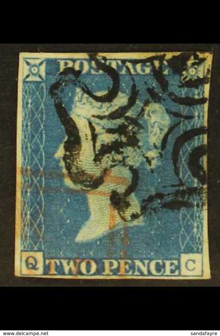 1840 2d Pale Blue 'QC' Plate 2 (SG 6) Used With 4 Margins, Cancelled By BLACK & Part RED Double Lined "Too / Late" Hands - Other & Unclassified