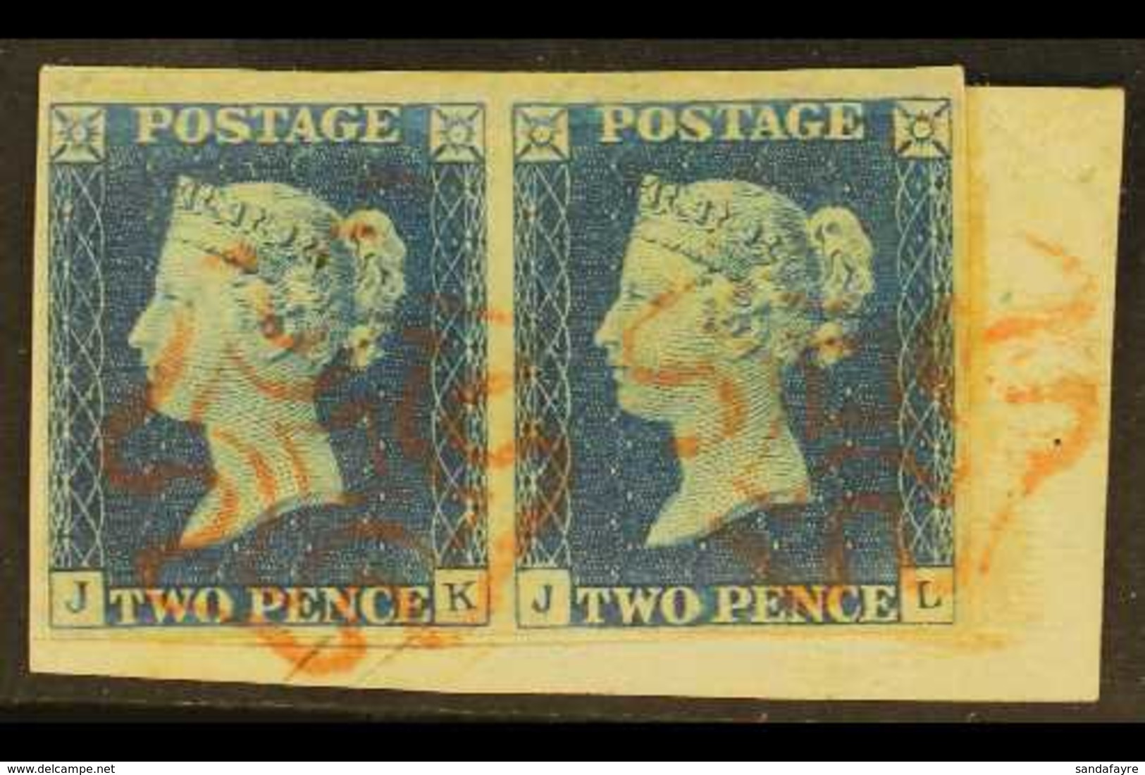 1840 2d Pale Blue PAIR 'JK - JL' Plate 1, SG 6, Used With 4 Margins, Tied To Piece By Bright Red MC Cancellations. For M - Andere & Zonder Classificatie