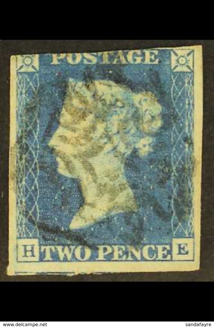 1840 2d Pale Blue 'HE' Plate 2, SG 6, Used With 3 Good To Large Margins Showing Portion Of Adjoining Stamp At Base. For  - Other & Unclassified