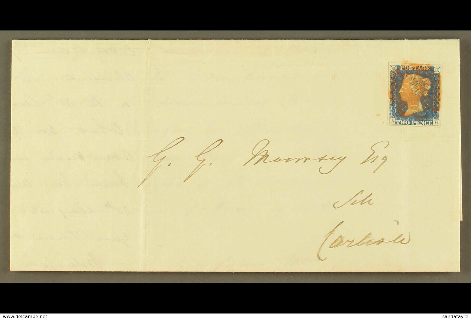 1841 (25 Jan) EL From Penrith To Carlisle Bearing 2d Blue 'AH' Plate 1 (SG 5) With 4 Margins Tied Full Upright Red MC Ca - Autres & Non Classés