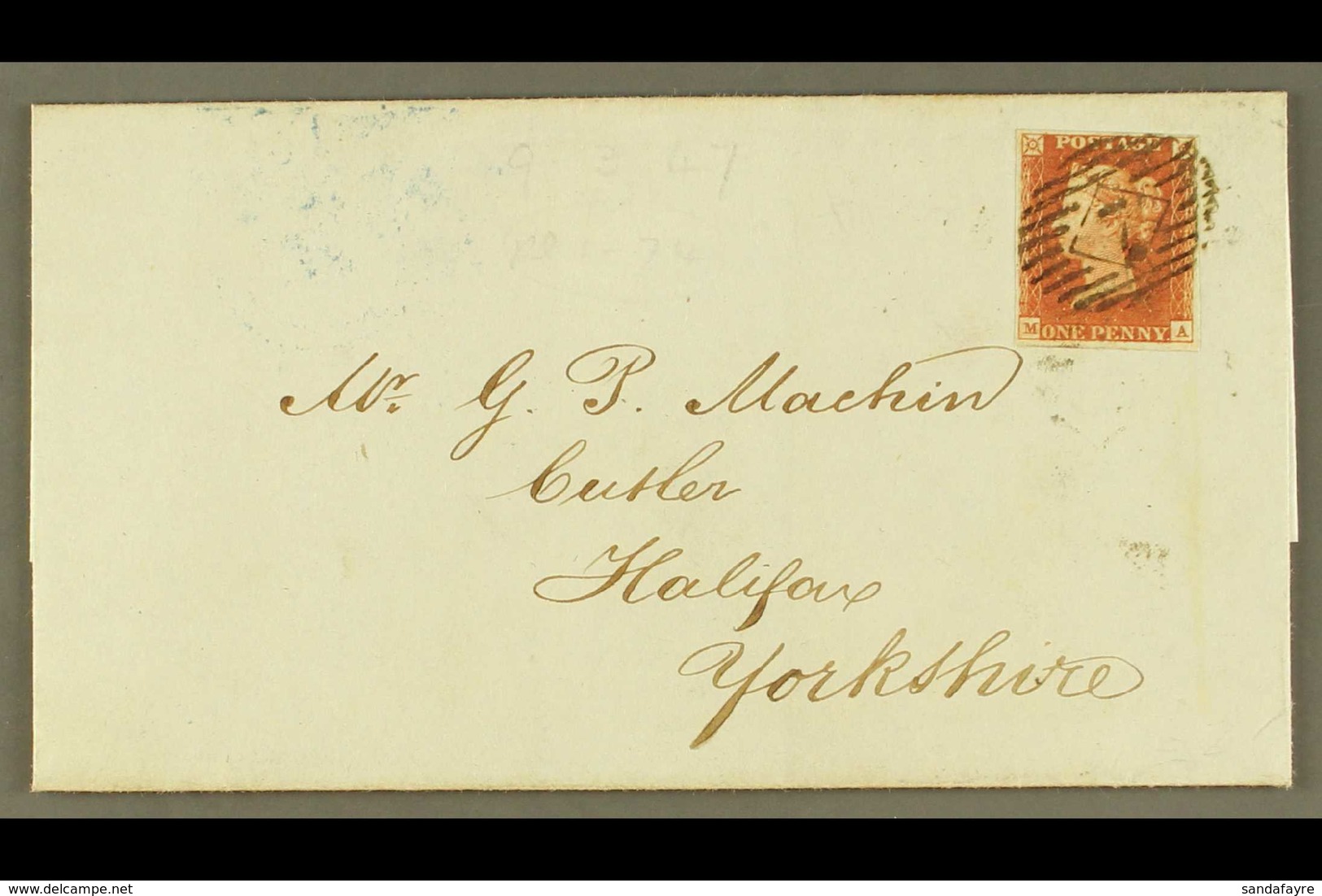 1841 1d Lake- Red 'MA' Plate 72 (SG 11) With 4 Neat Margins Tied To Attractive Unfolded EL From London To Halifax By Cri - Sonstige & Ohne Zuordnung