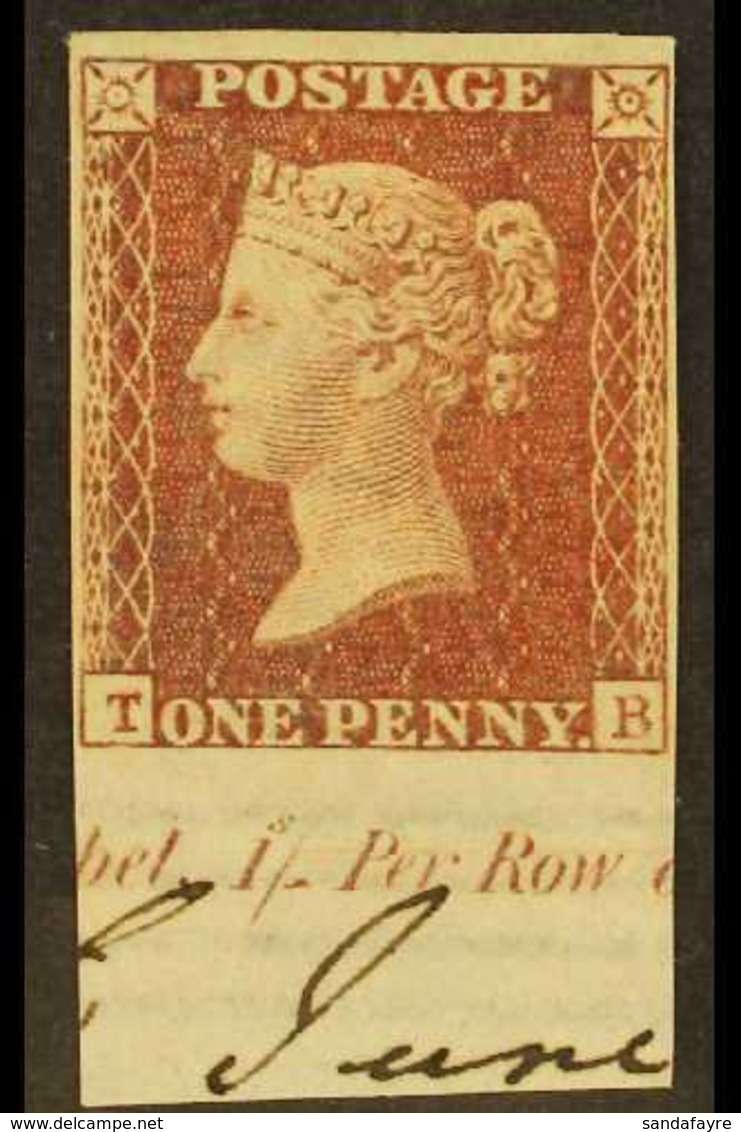 1856 1d Red- Brown 'TB' Plate 48 IMPERF IMPRIMATUR impression On Large Crown Watermark Paper With Portion Of Sheet Margi - Andere & Zonder Classificatie