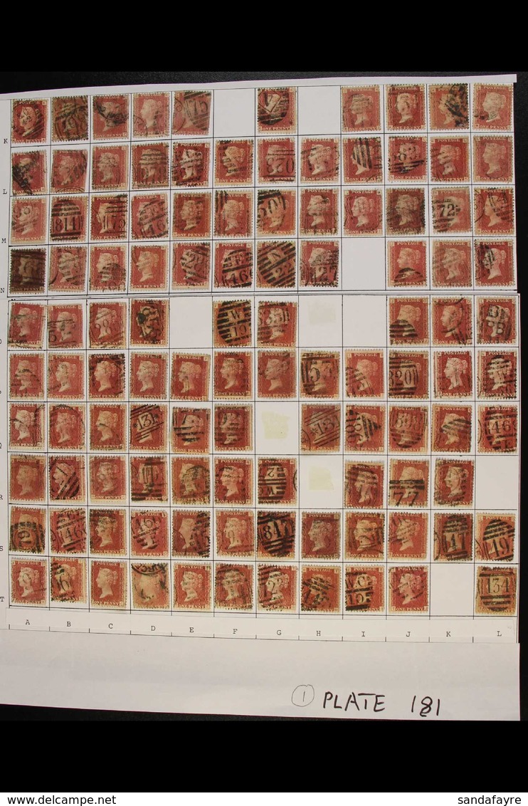 1864-79 PENNY RED PARTIAL PLATE RECONSTRUCTION PLATE 181 - A Fairly Complete Used Reconstruction With 212 Of The 240 Che - Other & Unclassified