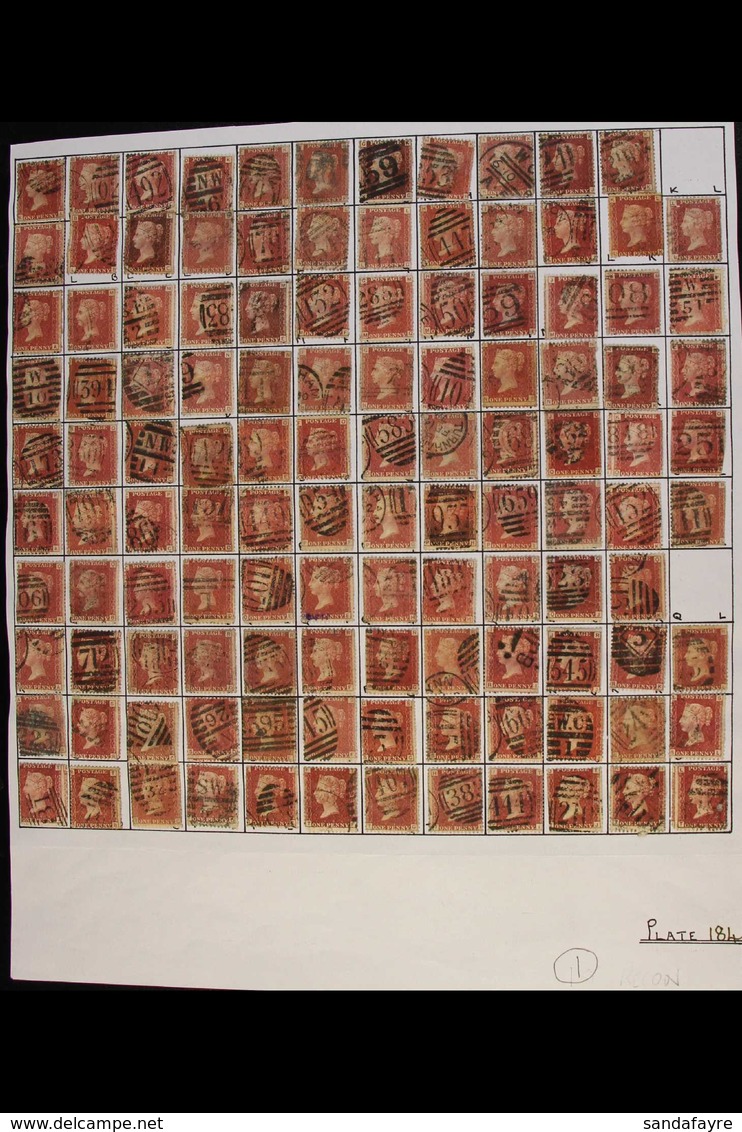 1864-79 PENNY RED PARTIAL PLATE RECONSTRUCTION PLATE 184 - An Almost Complete Used Reconstruction With 233 Of The 240 Ch - Other & Unclassified