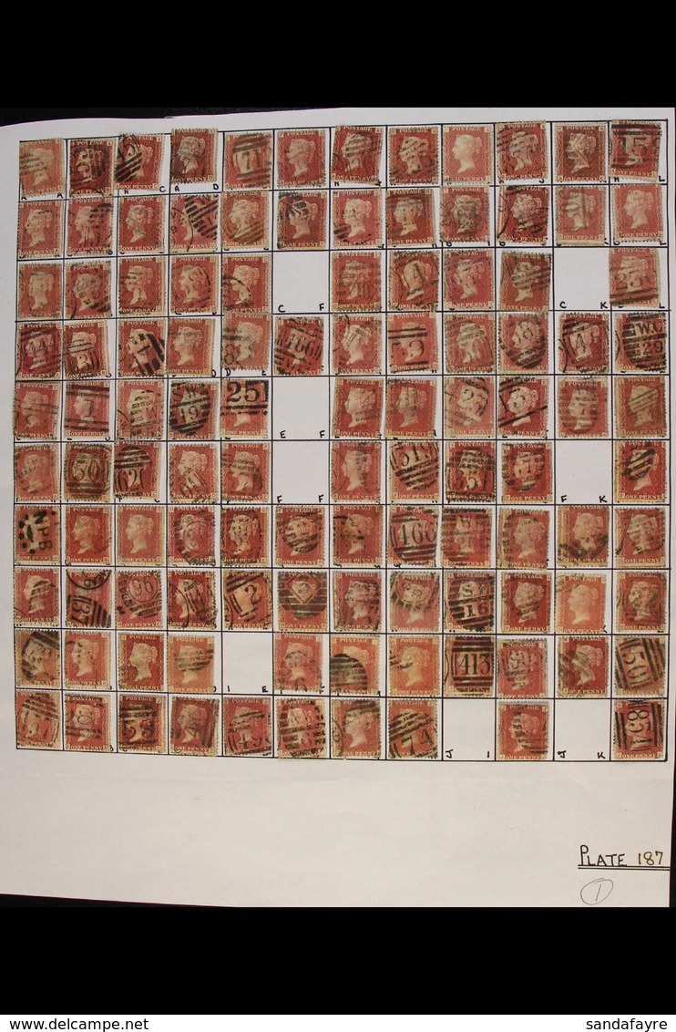 1864-79 PENNY RED PARTIAL PLATE RECONSTRUCTION PLATE 187 - A Largely Complete Used Reconstruction With 222 Of The 240 Ch - Other & Unclassified