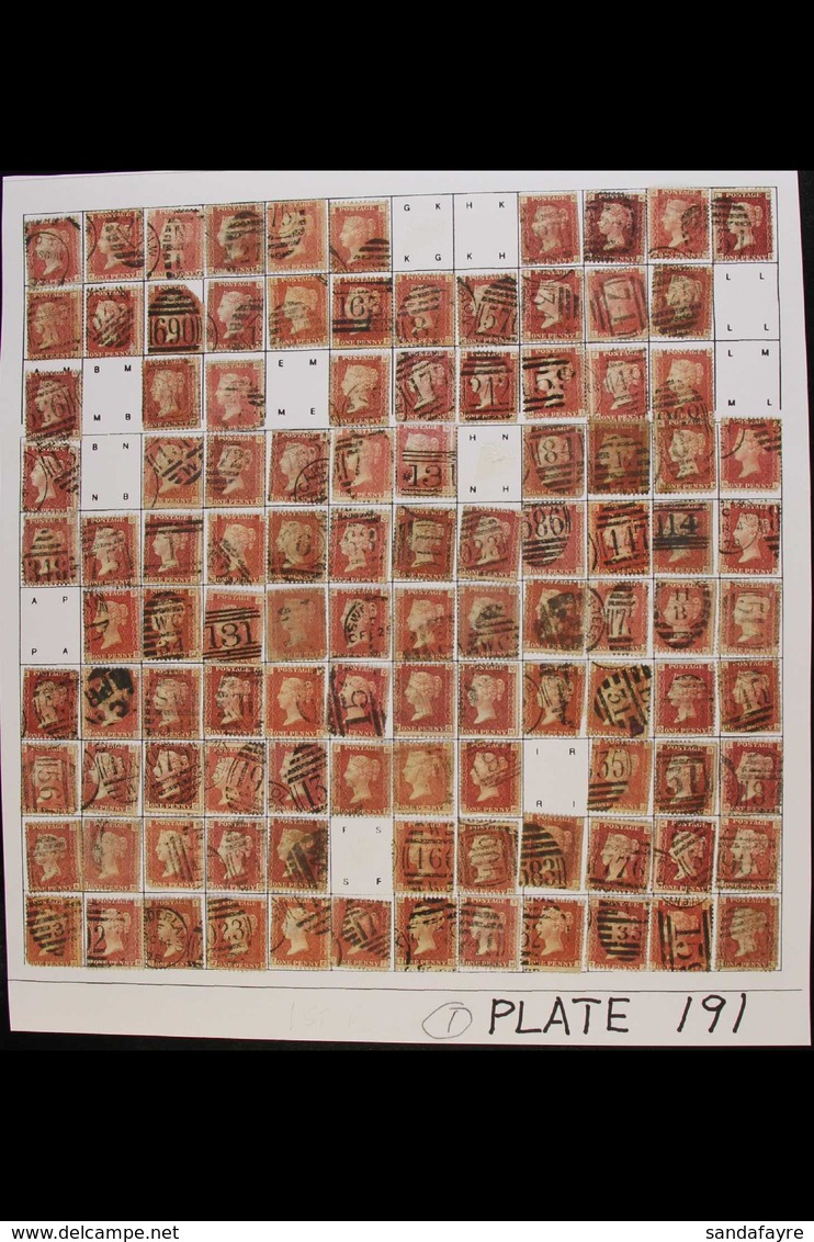 1864-79 PENNY RED PARTIAL PLATE RECONSTRUCTION PLATE 191 - A Fairly Complete Used Reconstruction With 215 Of The 240 Che - Other & Unclassified