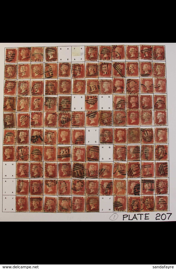 1864-79 PENNY RED PARTIAL PLATE RECONSTRUCTION PLATE 207 - A Fairly Complete Used Reconstruction With 221 Of The 240 Che - Other & Unclassified