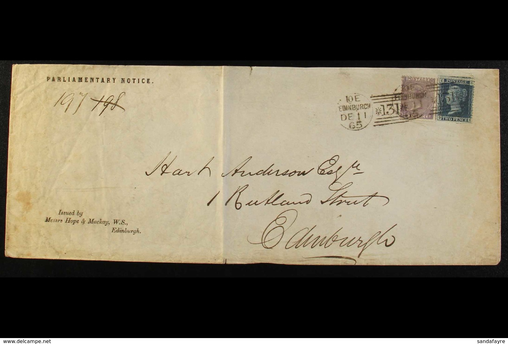 1865 (11 Dec) Printed 'PARLIAMENTARY NOTICE' Envelope Addressed Locally, Bearing 2d & 6d Stamps Tied By "Edinburgh" Dupl - Autres & Non Classés