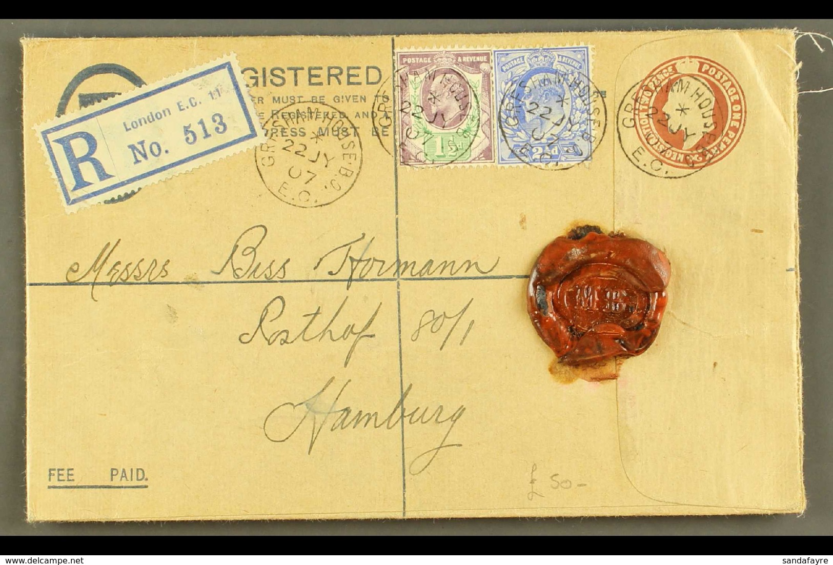 1907 (JULY) REGISTERED ENVELOPE TO GERMANY Bearing 1½d And 2½d Tied By Very Fine "GRESHAM HOUSE / E.C.) Cds's, And With  - Non Classés