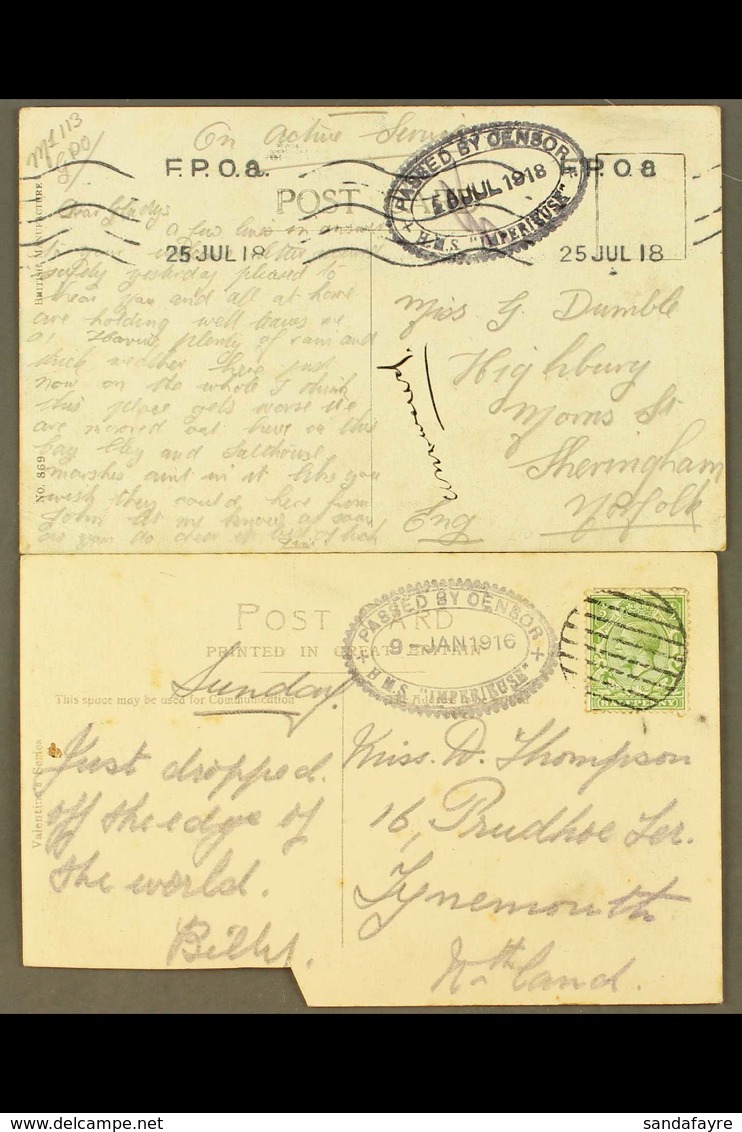 1916-18 CENSOR POSTCARDS. Two Picture Postcards, One Bearing ½d Stamp With Dumb Cancel, Other With FPO 8 Machine Cancel, - Non Classés