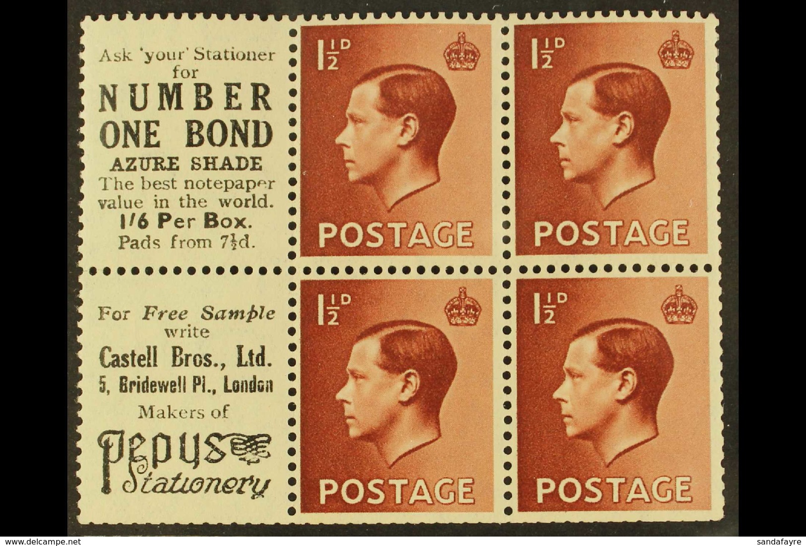 BOOKLET PANES WITH ADVERTISING LABELS 1½d Red Brown Booklet Panes Of 4 With 2 Advertising Labels (Number One Bond), SG S - Zonder Classificatie