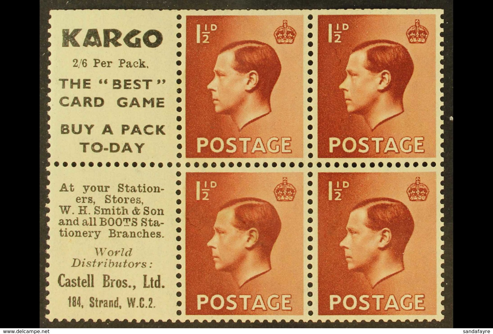 BOOKLET PANES WITH ADVERTISING LABELS 1½d Red Brown Booklet Panes Of 4 With 2 Advertising Labels (KARGO),  SG Spec. PB5  - Unclassified