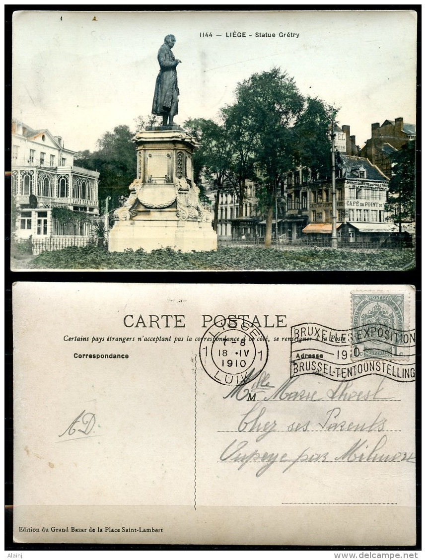 CP   Liège   ---   1910  --  Statue De  Grétry Et Café Au Point De Vue  --  Ed. Grand Bazar --  Sur Papier Photo - Liege