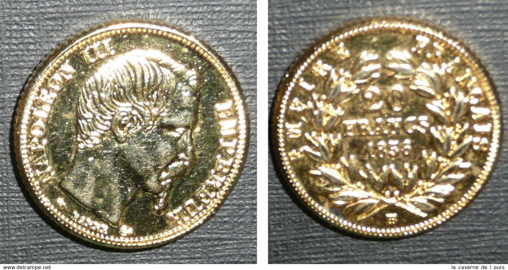 Copie Pièce De Monnaie En Métal Doré, 20 Francs 1856, Empire Français, France, Louis Napoléon III Empereur Bonaparte 3 - Origine Inconnue