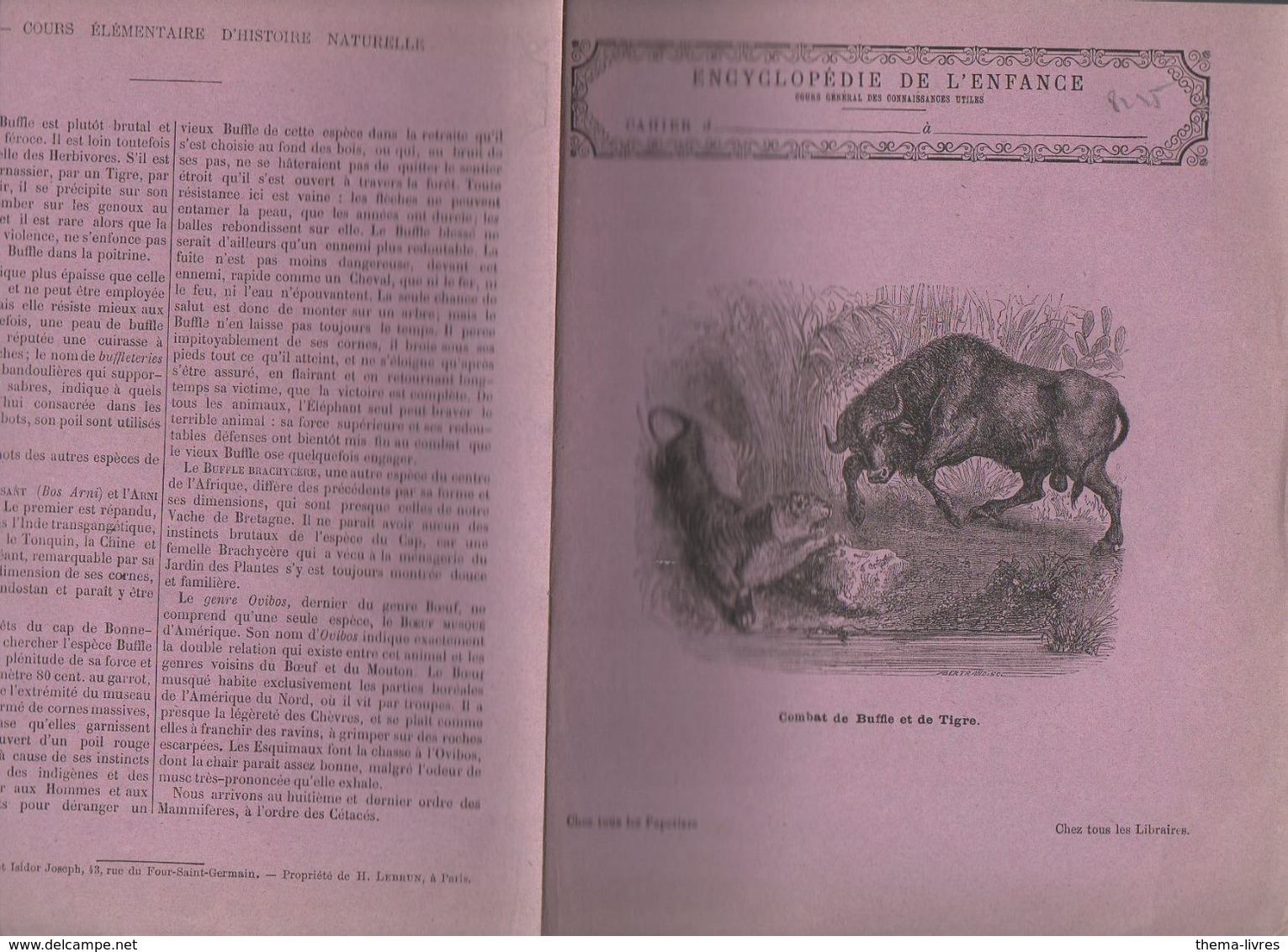 Couverture Illustrée De Cahier D'écolier : Encyclopédie De L'enfance N°75 Combat De Buffle Et De Tigre (M2285 - Protège-cahiers