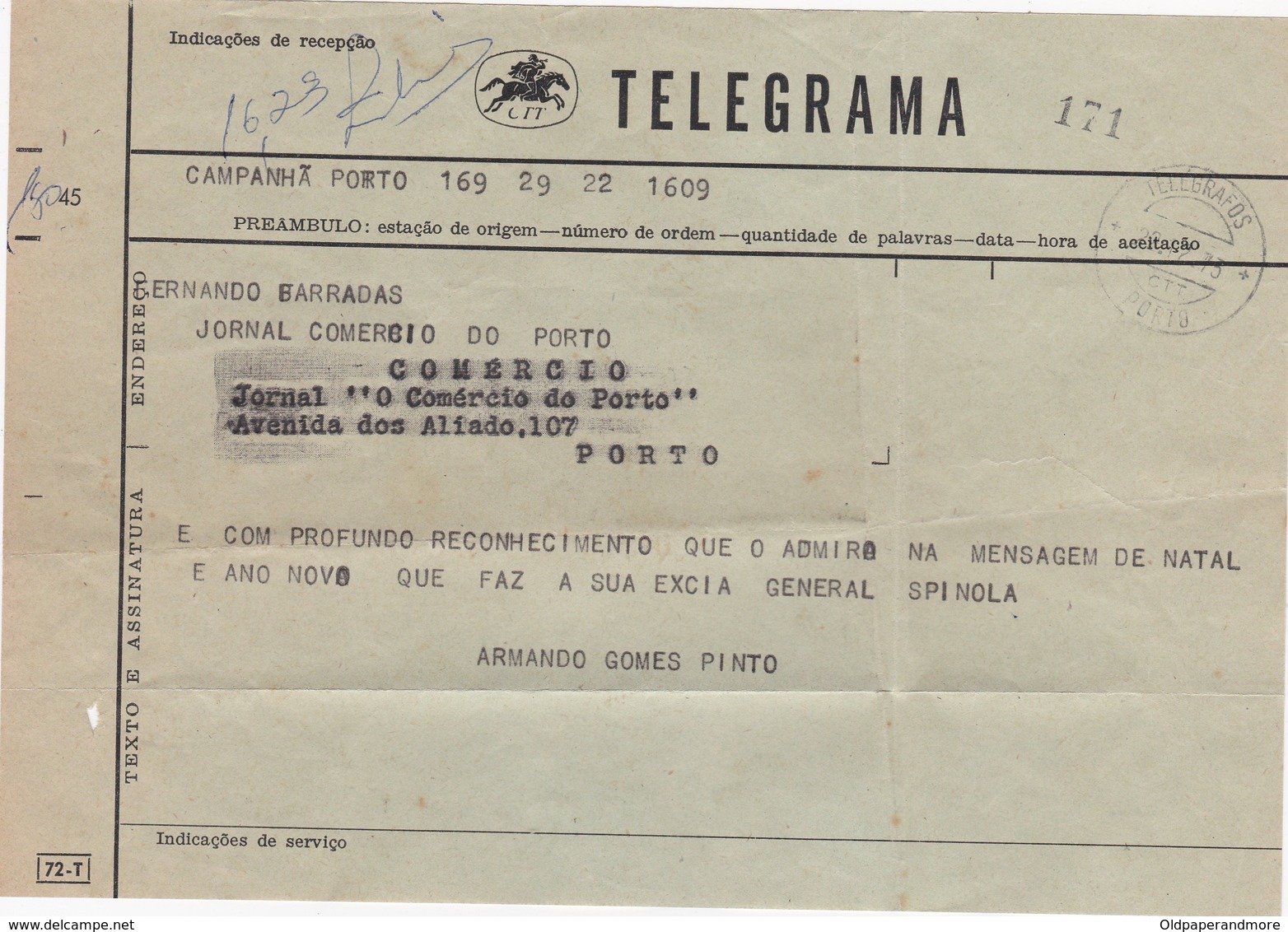 PORTUGAL TELEGRAM - 1975 - JORNAL COMERCIO DO PORTO To GENERAL SPINOLA - Brieven En Documenten