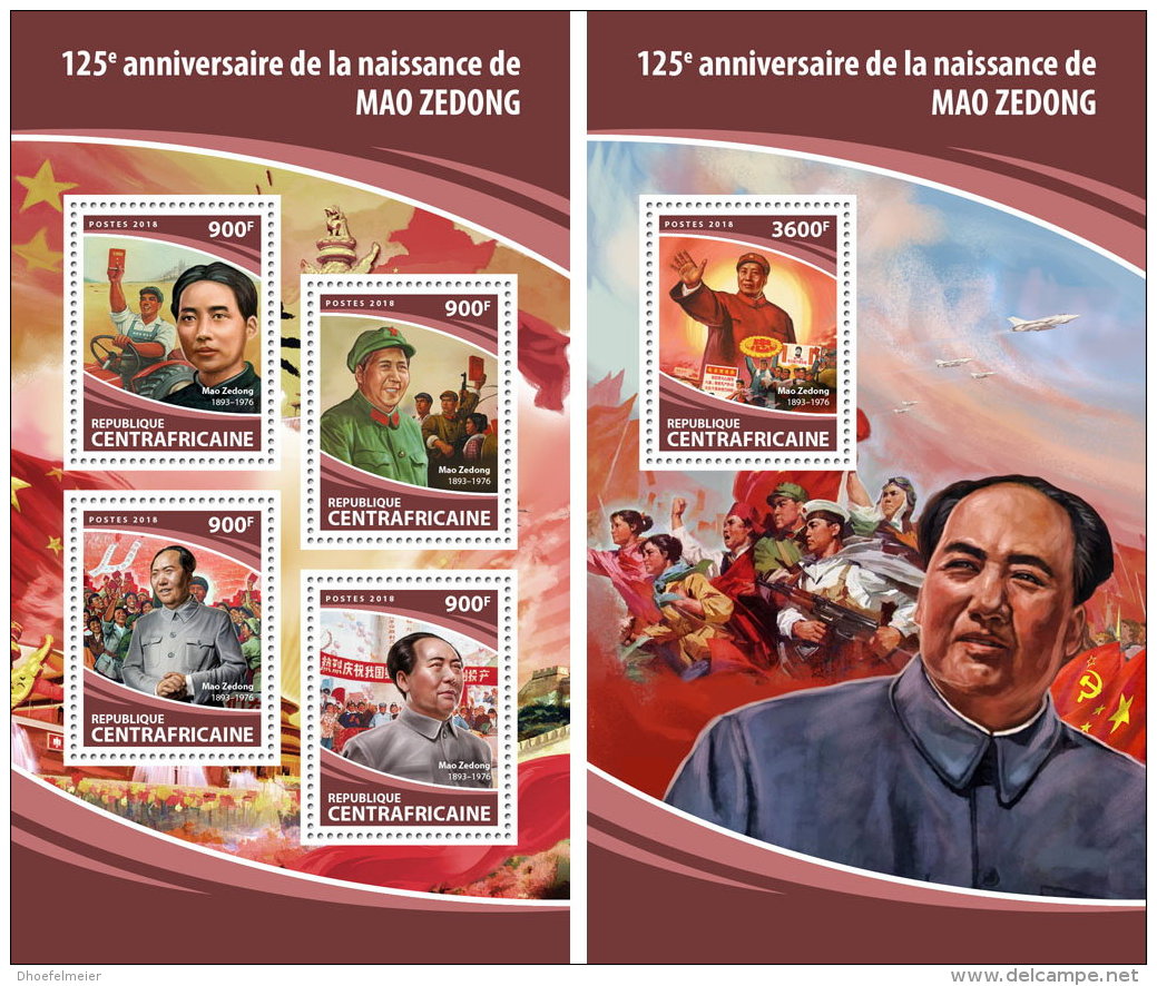 CENTRAL AFRICA 2018 MNH** Mao Zedong Mao Tse Tung M/S+S/S - OFFICIAL ISSUE - DH1813 - Mao Tse-Tung