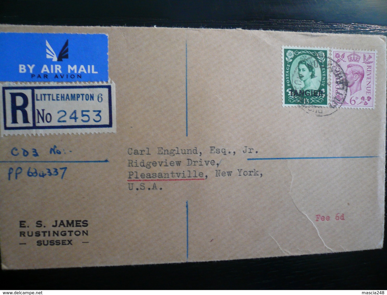 Mist Tangier And UK Reg/letter Littlehampton 6d Due  To USA Arrival 14.01.1954 - Errors, Freaks & Oddities (EFOs