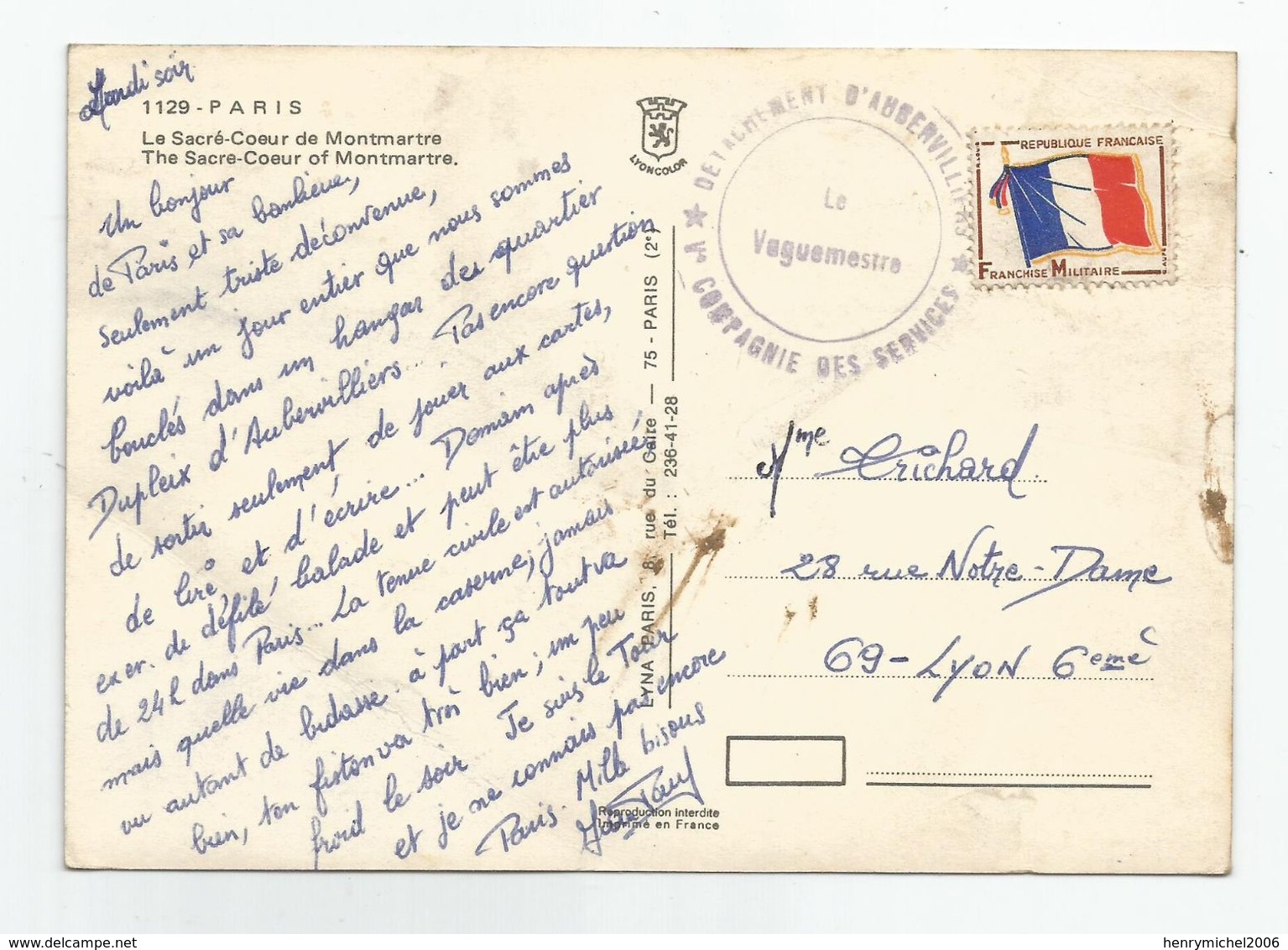 Marcophilie Cachet Militaire Détachement D'aubervilliers 5e Cie Des Services Timbre Franchise Militaire - Military Postmarks From 1900 (out Of Wars Periods)