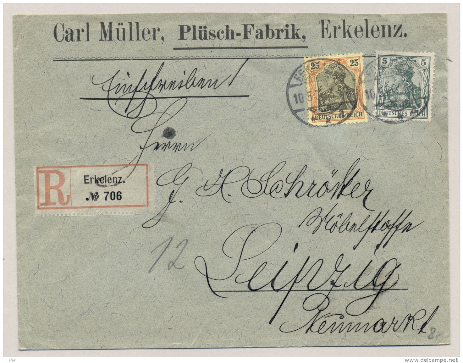 Deutsches Reich - 1906 - 25 + 5 Pf Germania On R-cover From Erkelenz To Leipzig - Brieven En Documenten