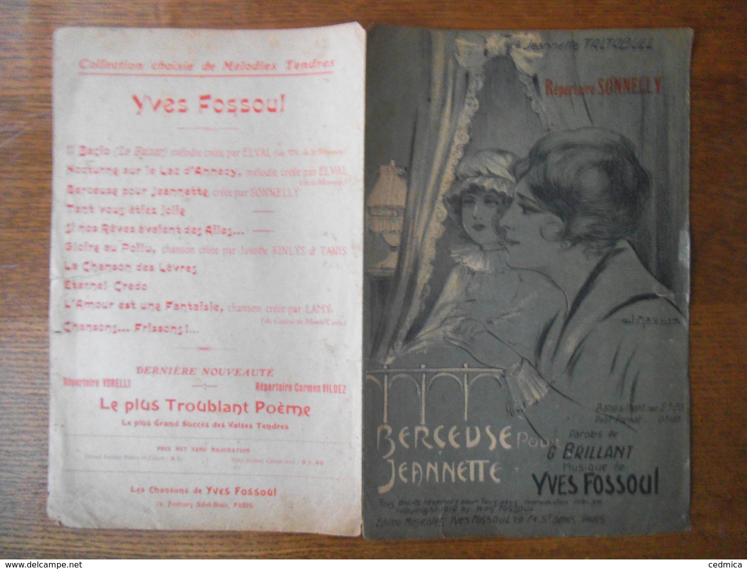 BERCEUSE POUR BERNADETTE REPERTOIRE SONNELLY PAROLES DE G.BRILLANT MUSIQUE DE YVES FOSSOUL 1918 - Partitions Musicales Anciennes