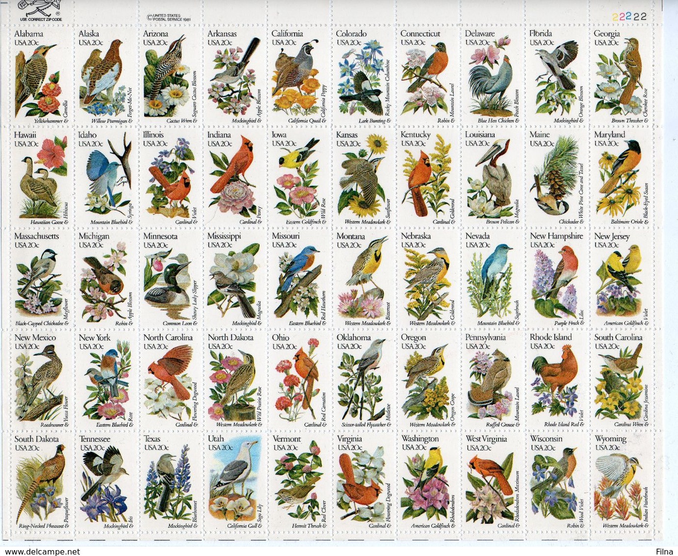 U.S.A. STATI UNITI - 1981 - FAUNA E FLORA - 50 VALORI STAMPATI UNITI IN FOGLIO - MNH ** - Sheets