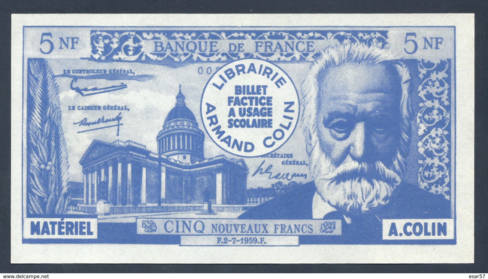 BILLET SCOLAIRE FACTICE 5 FRANCS VICTOR HUGO MATERIEL ARMAND COLIN - Fictifs & Spécimens