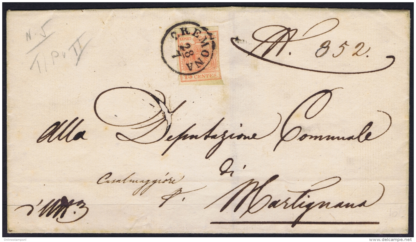 Lombardo-Veneto Sa Nr 5 On Cover Cremona To Martignana, Cancel Casalmaggiore On Back - Lombardy-Venetia