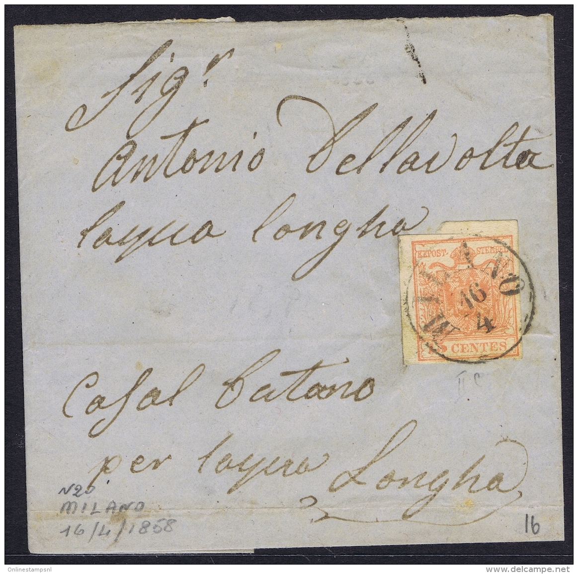 Lombardo-Veneto Sa Nr 20 On  Cover Milano 1858 To Casalbuttano - Lombardo-Vénétie