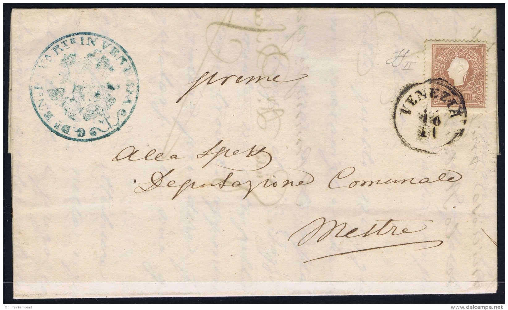 Lombardo-Veneto Letter Venice To Mestre 1859, Green Cachet Commission Guidi P'ale Sa 31 Wax Sealed - Lombardije-Venetië