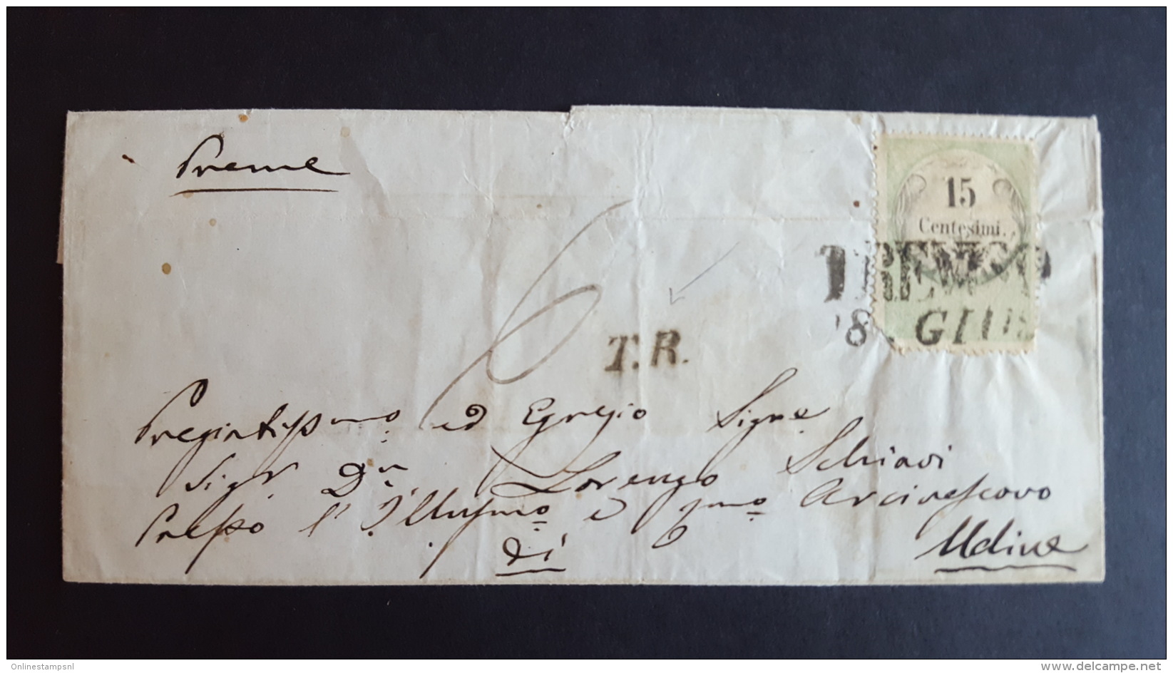 Lombardo-Veneto Ca 1854 Scarce Wrapper To Archbishop Of Udine Tax Stamp Usedpostal 15c Verde Handstamp TR Tassa Rettific - Lombardo-Veneto
