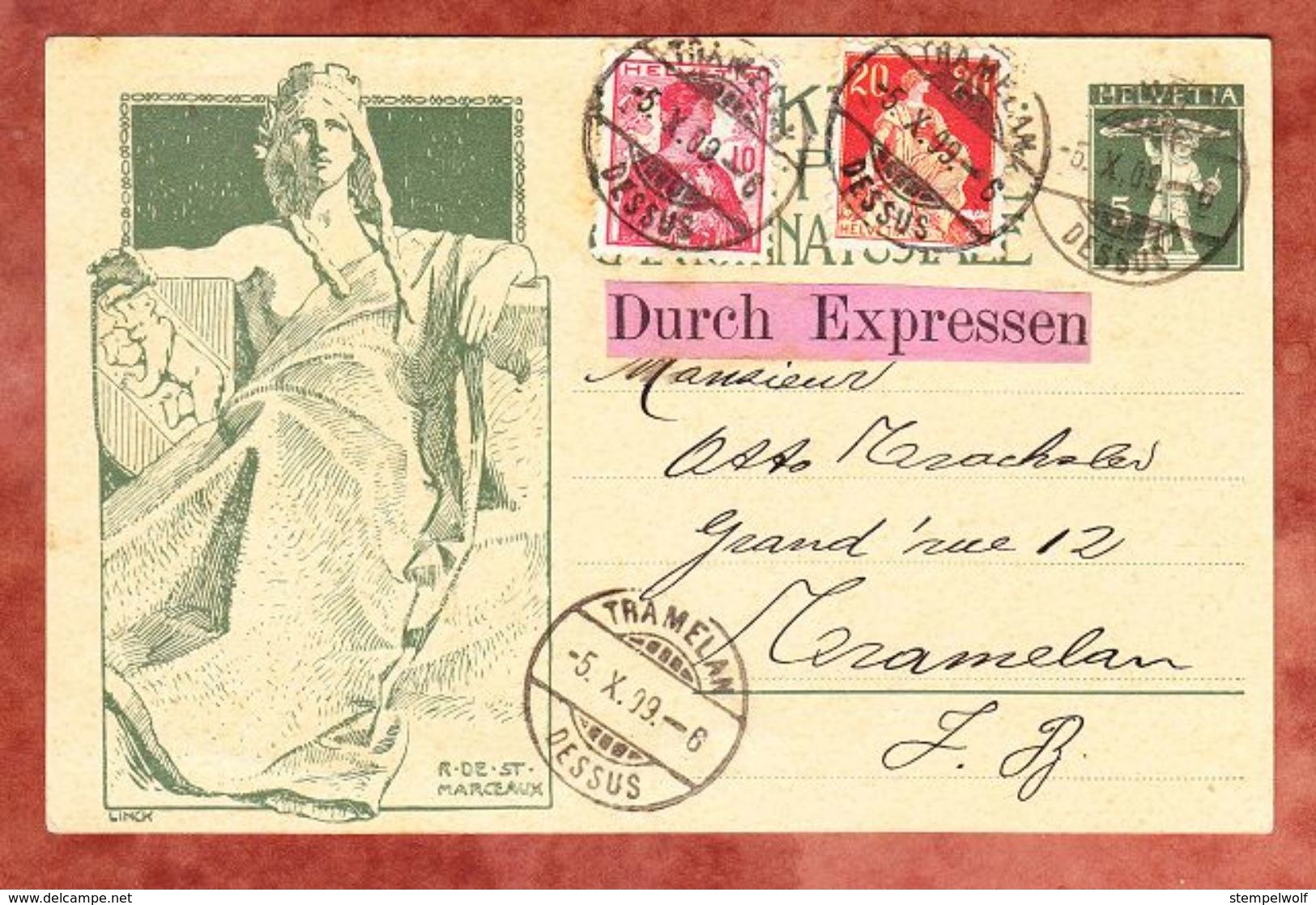 P 38 Weltpostdenkmal + ZF, Eilsendung Expres, Innerhalb Tramelan Dessus 1909 (49517) - Entiers Postaux
