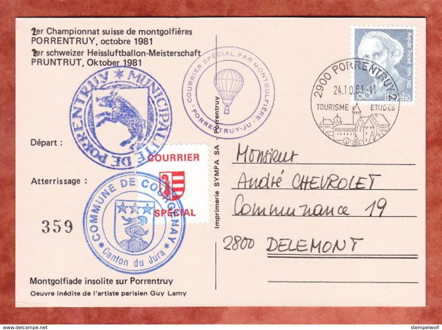 Karte, Heissluftballon-Meisterschaft, EF Piccard + Vignette, Porrentruy Nach Delemont 1981 (49519) - Brieven En Documenten