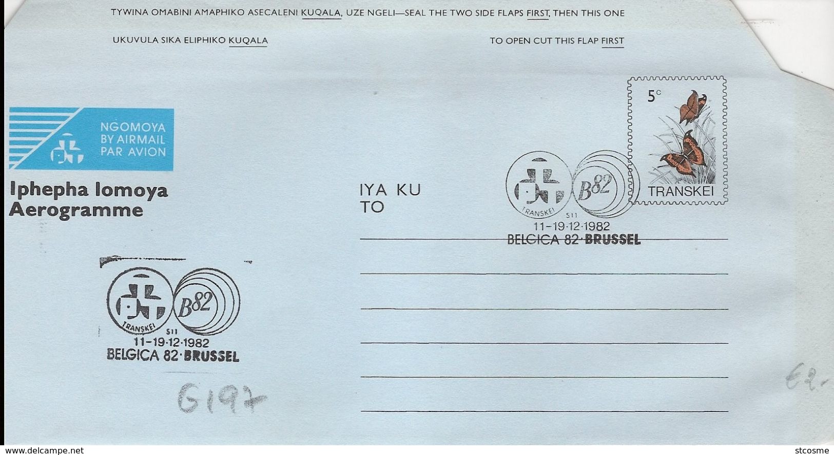 G197 - Entier / Stationery / Aerogramme Du Transkei 5c Papillons Avec Cachet Belgica 82 Du 11 Au 19/12/1982 - Transkei