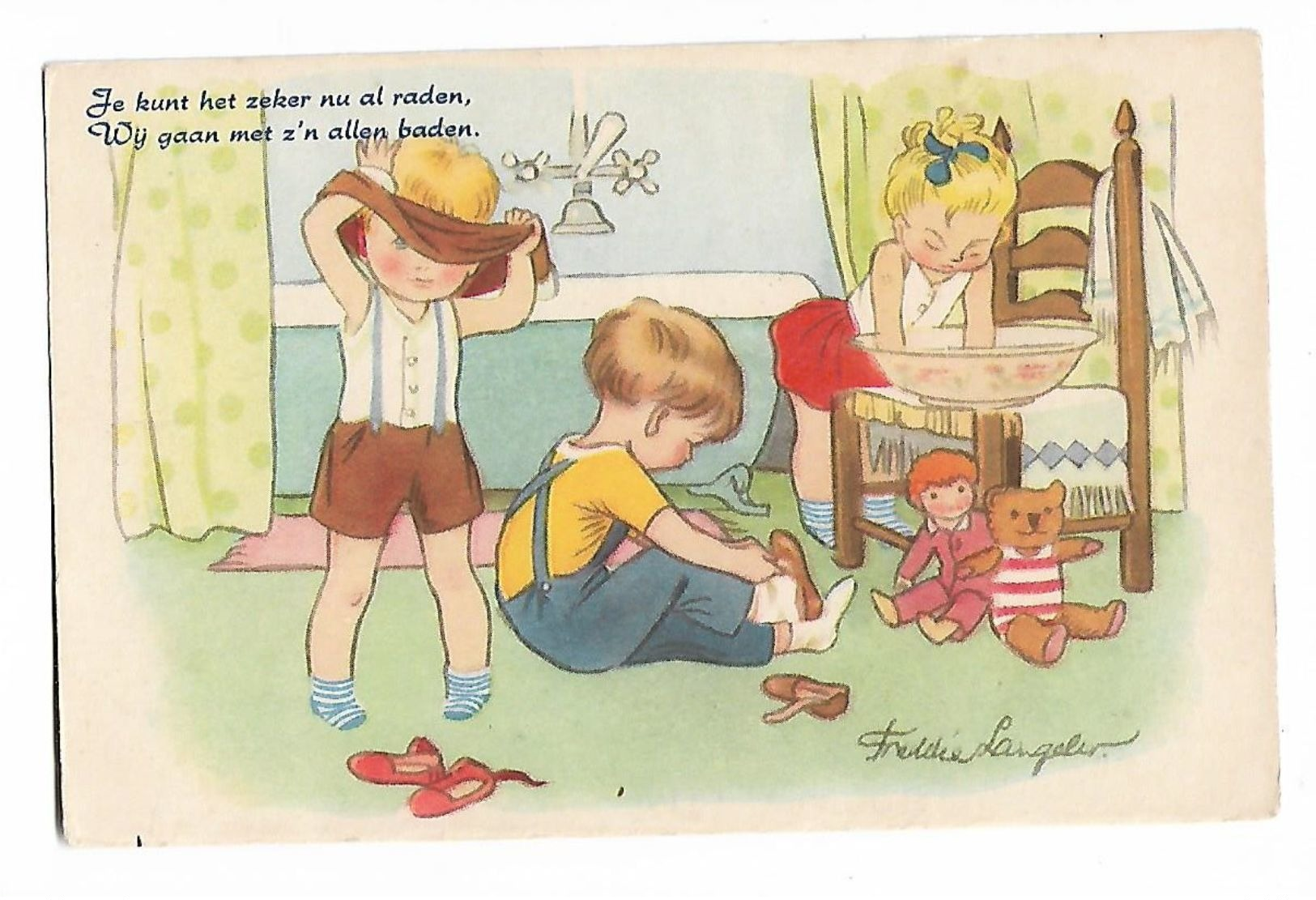 Signée  Freddie  Langeler  -    3  Enfants  Dans  Salle De  Bain /   Children  In  Bathroom - Dessins D'enfants