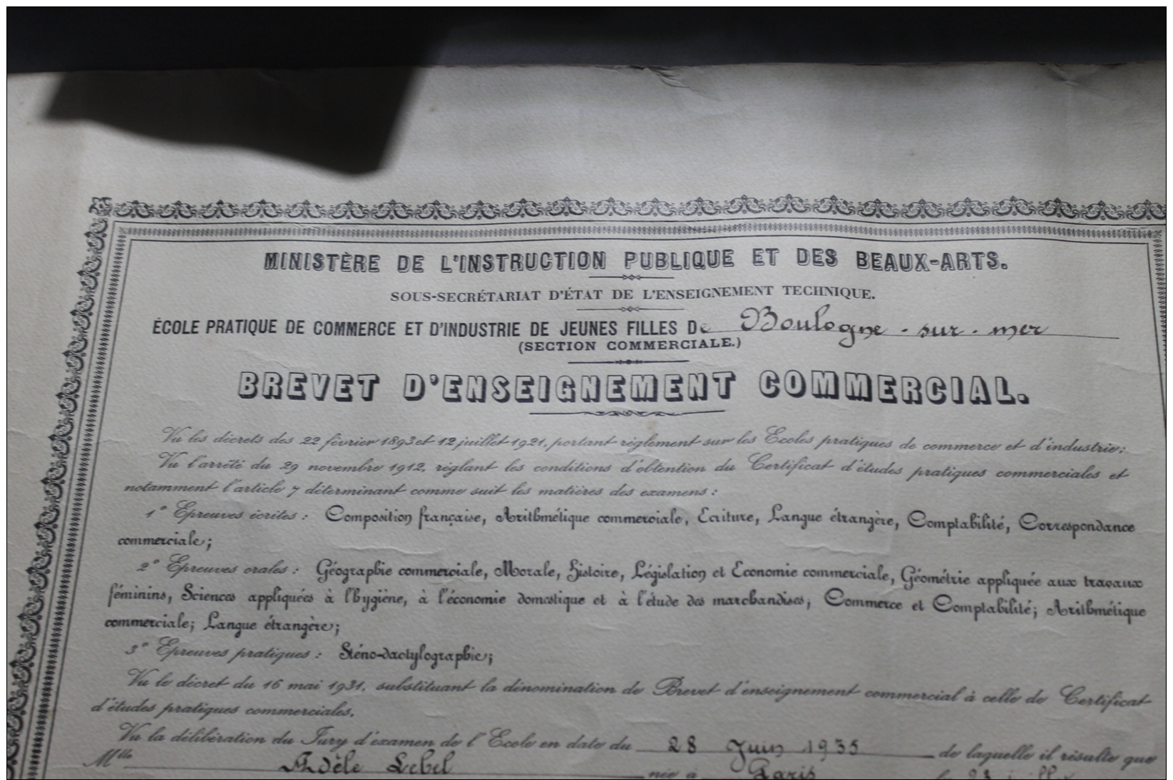 Brevet D'enseignement Commercial 1935 Boulogne Sur Mer - Diplomas Y Calificaciones Escolares