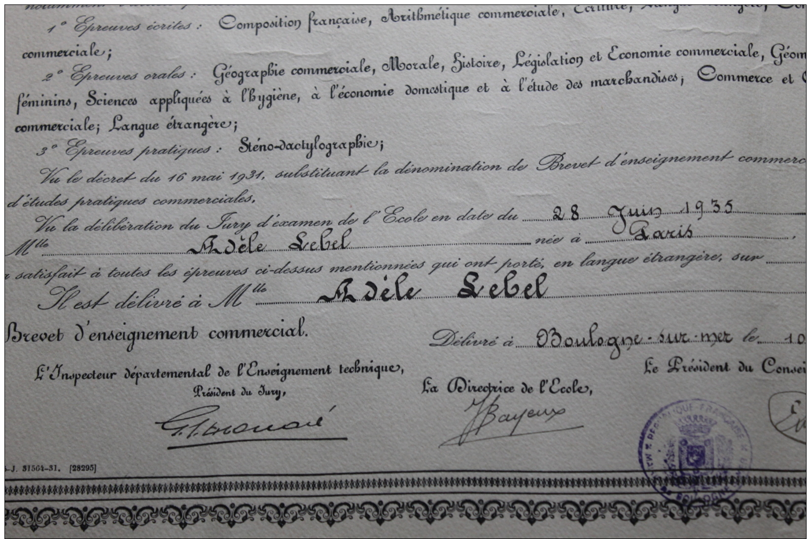 Brevet D'enseignement Commercial 1935 Boulogne Sur Mer - Diplômes & Bulletins Scolaires