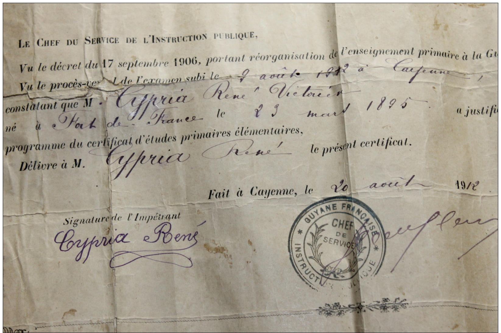 Certificat D'étude Primaire 1912 Guyane - Diplômes & Bulletins Scolaires