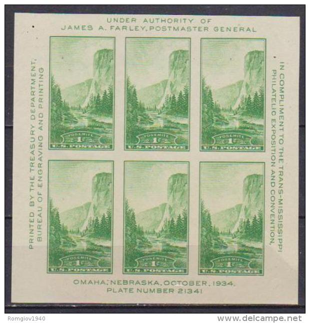 U.S.A  1934  FOGLIETTO ESPOSIZIONE FILATELICA TRANS-MISSISSIPI  UNIF. BF 6 MNH XF - Blocchi & Foglietti