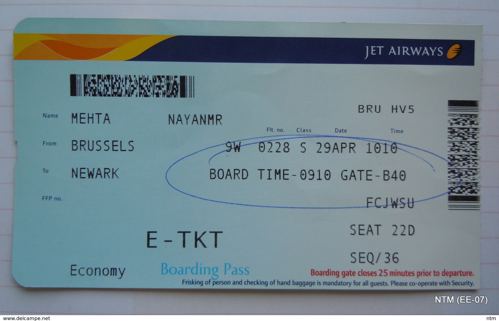 Jet Airways Boarding Pass: Brussels To Newark Travel Date: 29-04-2013 - Carte D'imbarco
