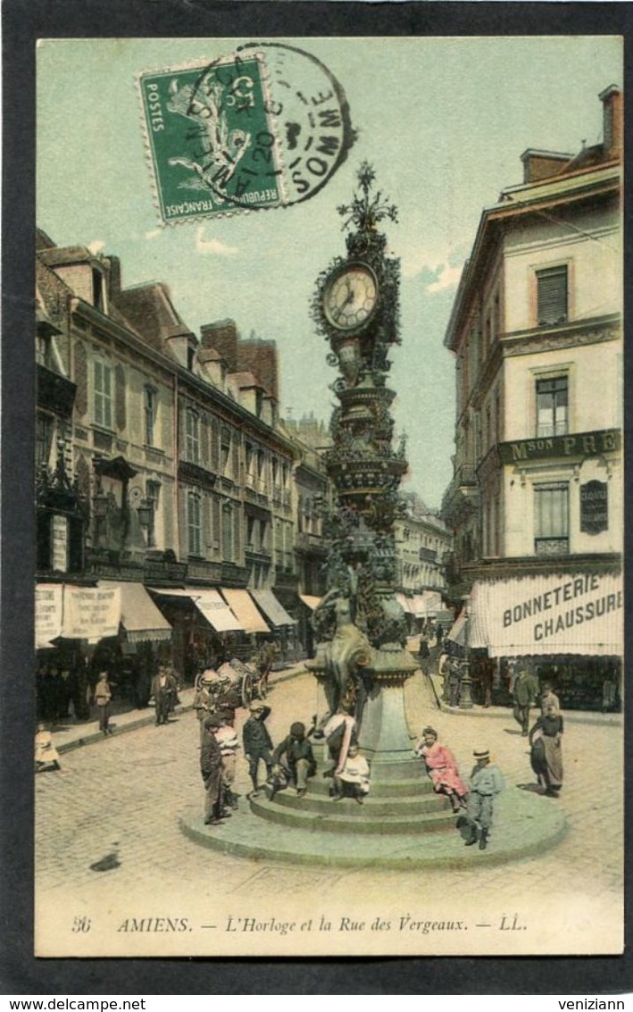 CPA - AMIENS - L'Horloge Et La Rue Des Vergeaux, Animé - Amiens