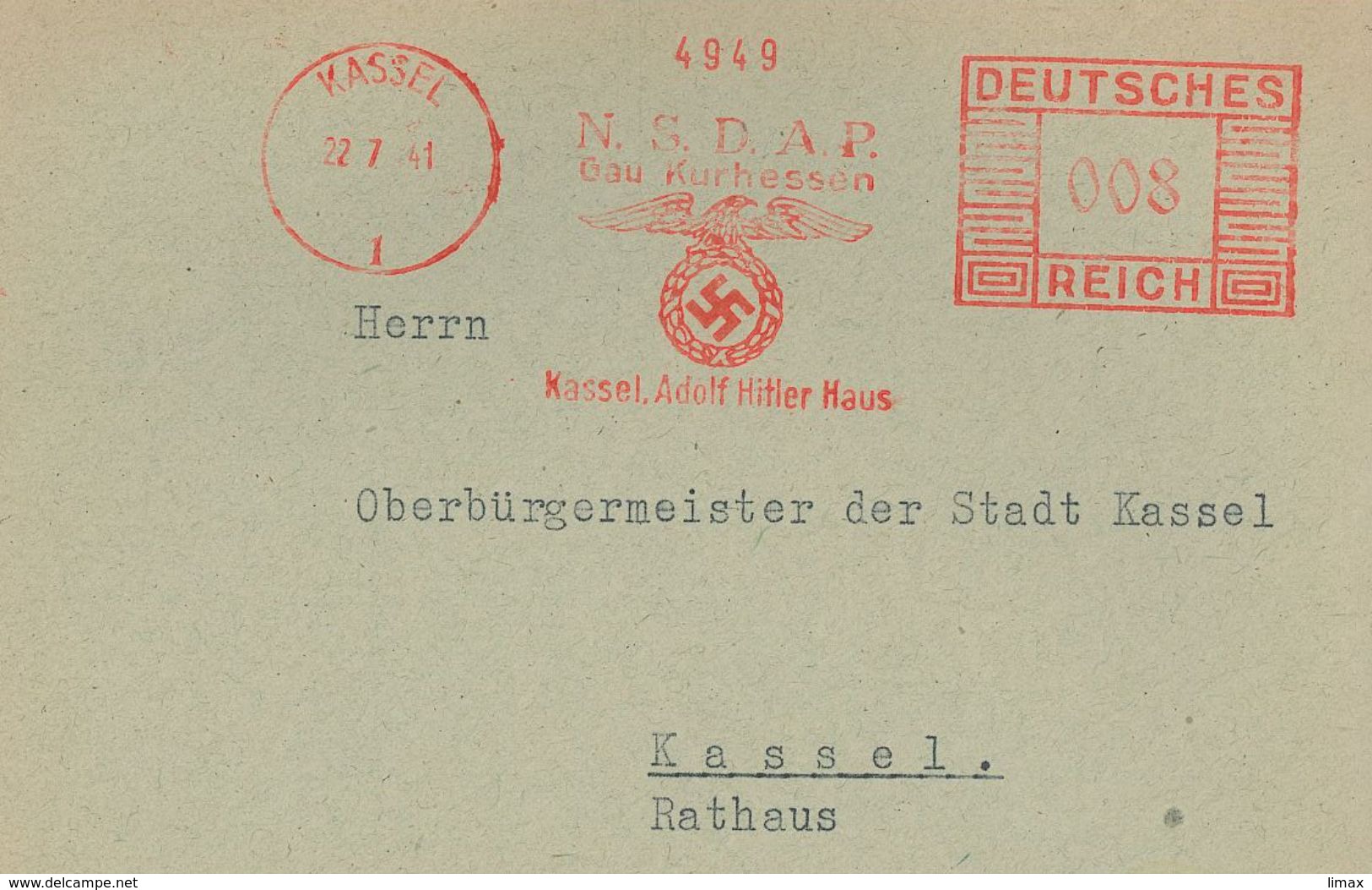 Francotyp "C" 1941 Kassel NSDAP Gau Kurhessen Adolf Hitler Haus Reichsadler - Maschinenstempel (EMA)