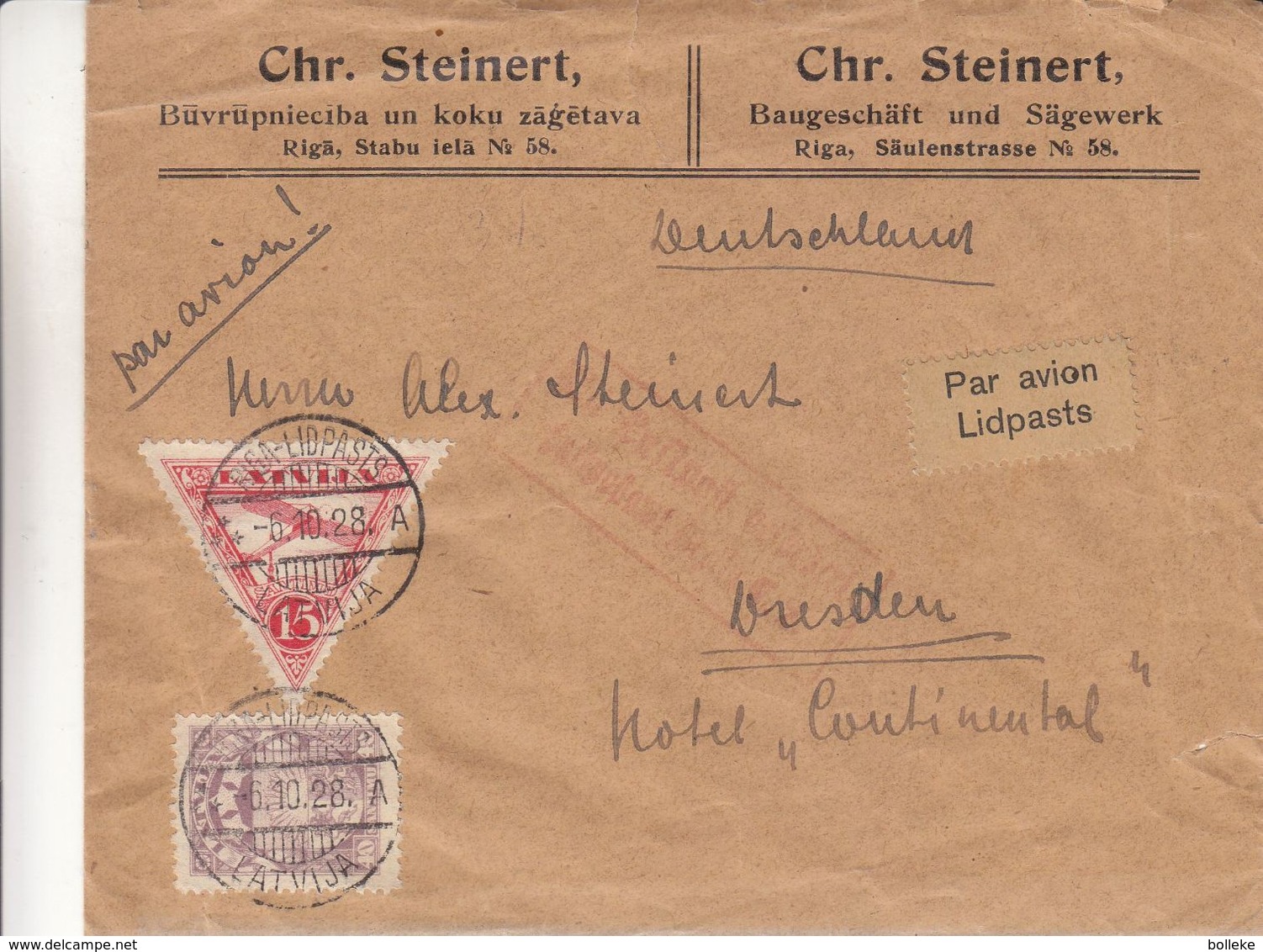 Lettonie - Lettre De 1928 ° - Oblit Riga Lidpats - Exp Vers Dresden - Cachet De Berlin - Lettonie