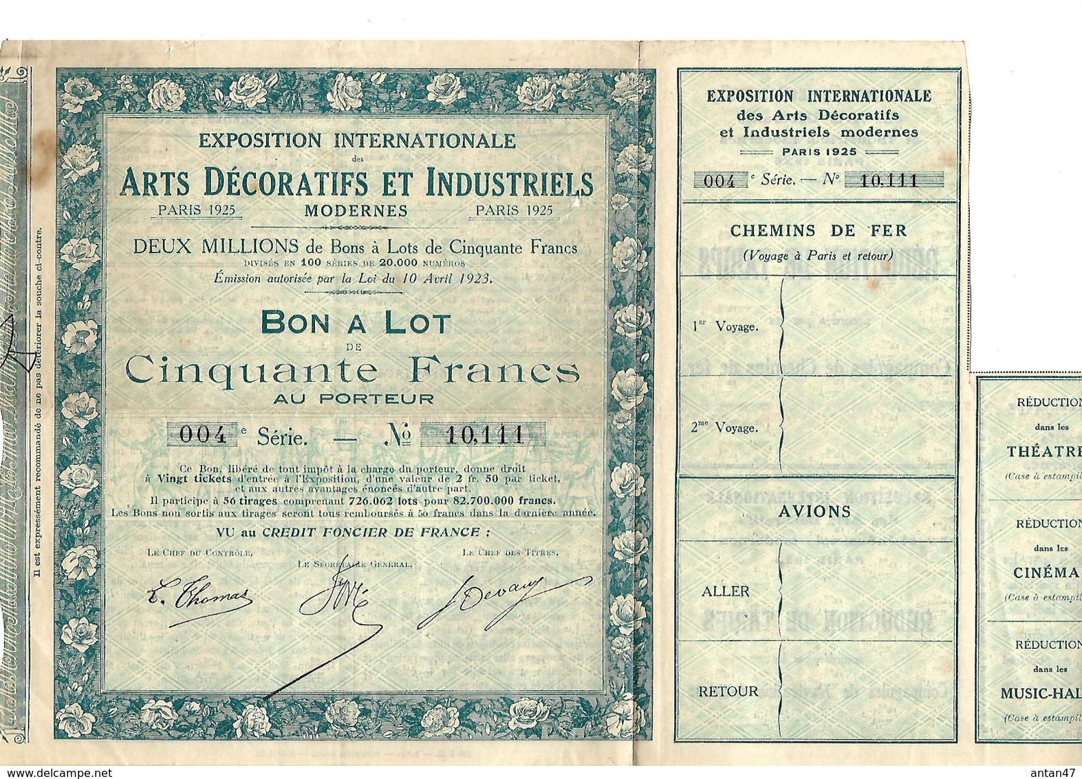 Action Exposition Internationale ARTS DECORATIFS Et INDUSTRELS 1925 / BON A LOT De 50 Francs - A - C