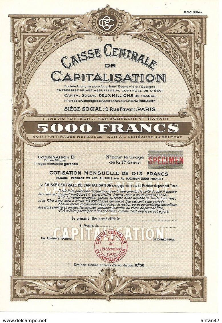 Action Caisse Centrale De Capitalisation / Spécimen Vierge / Loi 1907 / PARIS 75002 - A - C