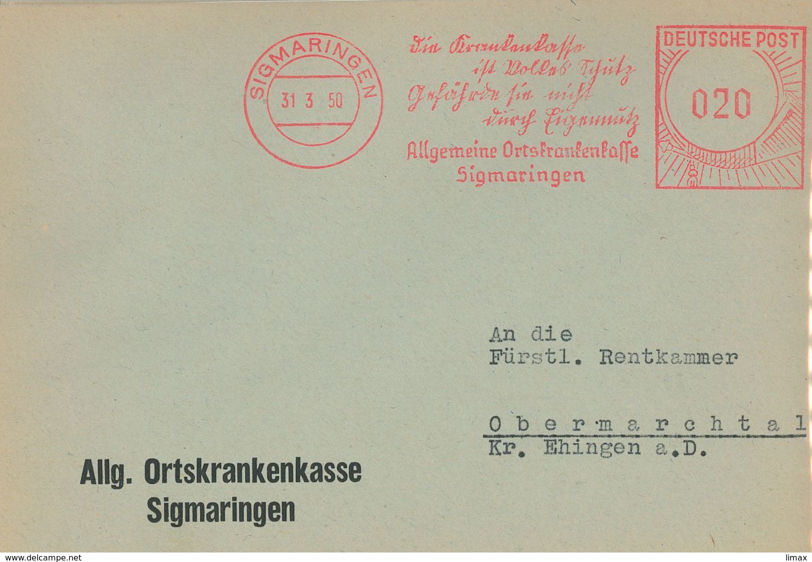 1950 Sigmaringen Ortskrankenkasse Krankenkasse Eigennutz Volkes Schutz - Storia Postale