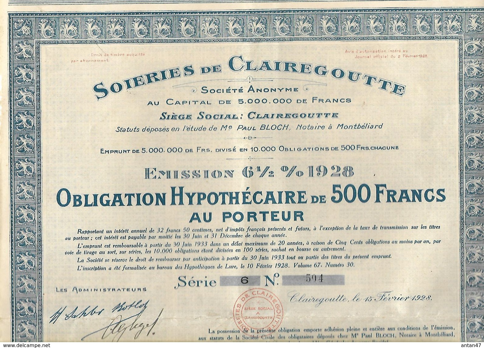 Obligation Hypotécaire De 500F Au Porteur / 70 Haute Saône / Soieries De CLAIREGOUTTE 1928 - A - C